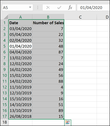 Unsorted dates in an Excel workbook.