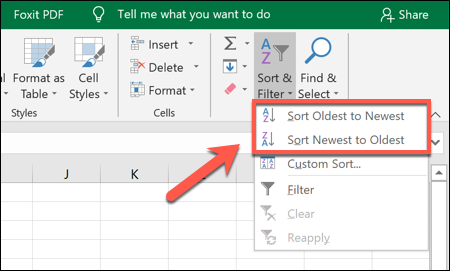 To sort Excel data in ascending or descending order, click Sort &amp; Filter &gt; Sort Oldest to Newest or Sort Newest to Oldest