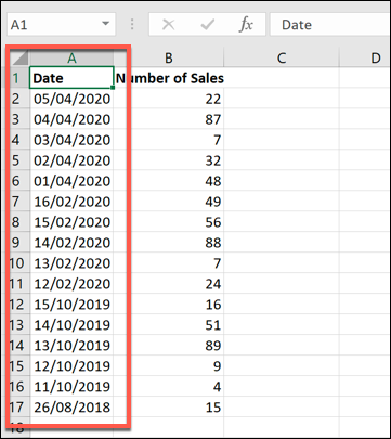 An example Excel data set, with data sorted by newest to oldest dates
