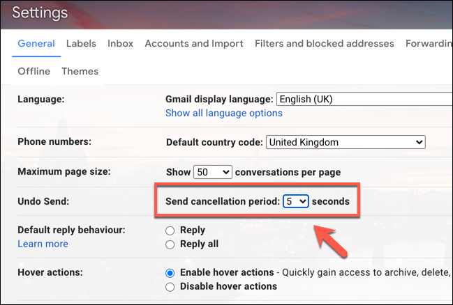 The Undo Send setting for recalling emails in the Gmail settings menu