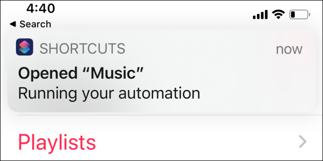 Shortcuts app showing notification of it running