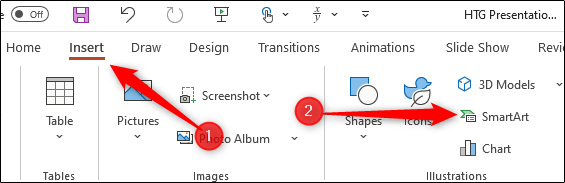 Smart art option in the illustrations group in powerpoint