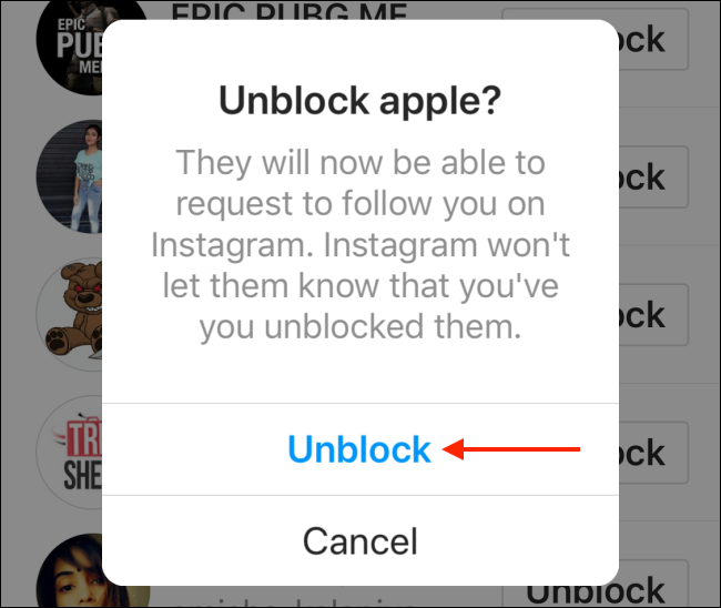 Tap Unblock from settings to confirm