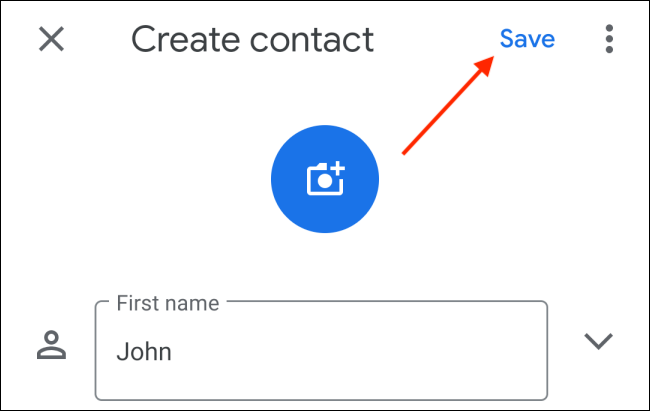 Tap the Save button after entering contact details on Android