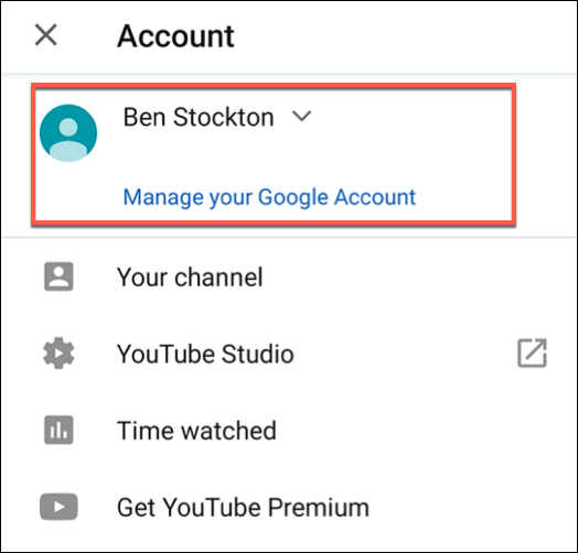 Switching YouTube accounts in the Account menu
