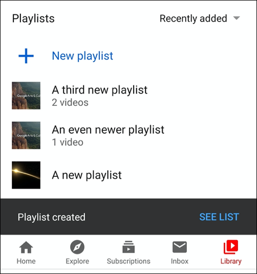 A list of created YouTube playlists in the Library tab of the YouTube app