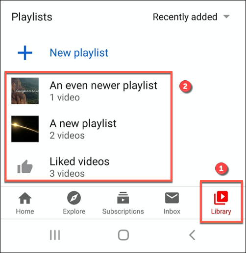 Tap Library, then a playlist name to access the options for it in the YouTube app