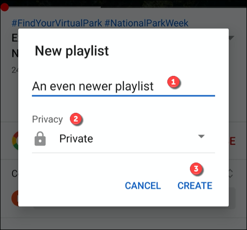Provide a name and privacy level for your playlist, then tap Create to create it