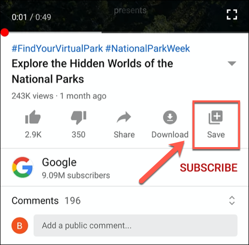 Click the &quot;Save&quot; button in the YouTube mobile app