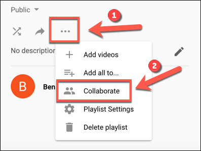To allow other users to edit a playlist, tap the three-dots icon > Collaborate