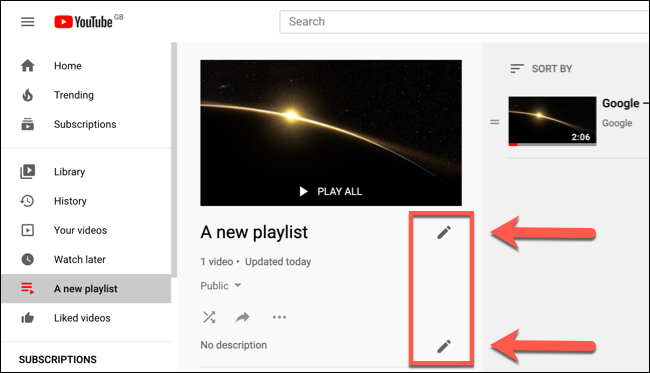 Tap the pencil icons on a YouTube playlist to rename it or edit its description