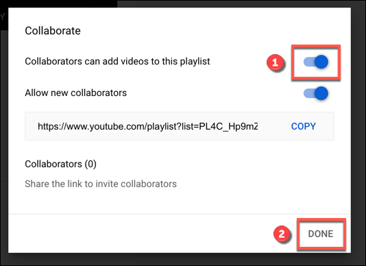 Tap the collaboration slider to allow YouTube playlist collaborators, then click Done to confirm