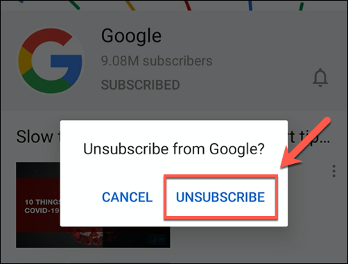 Tap unsubscribe to unsubscribe from the YouTube channel