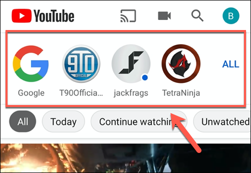 Tap any of the channel icons at the top of the Subscriptions menu to only view the videos posted by that channel.