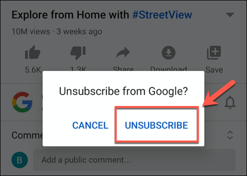 Tap unsubscribe to unsubscribe from a YouTube channel
