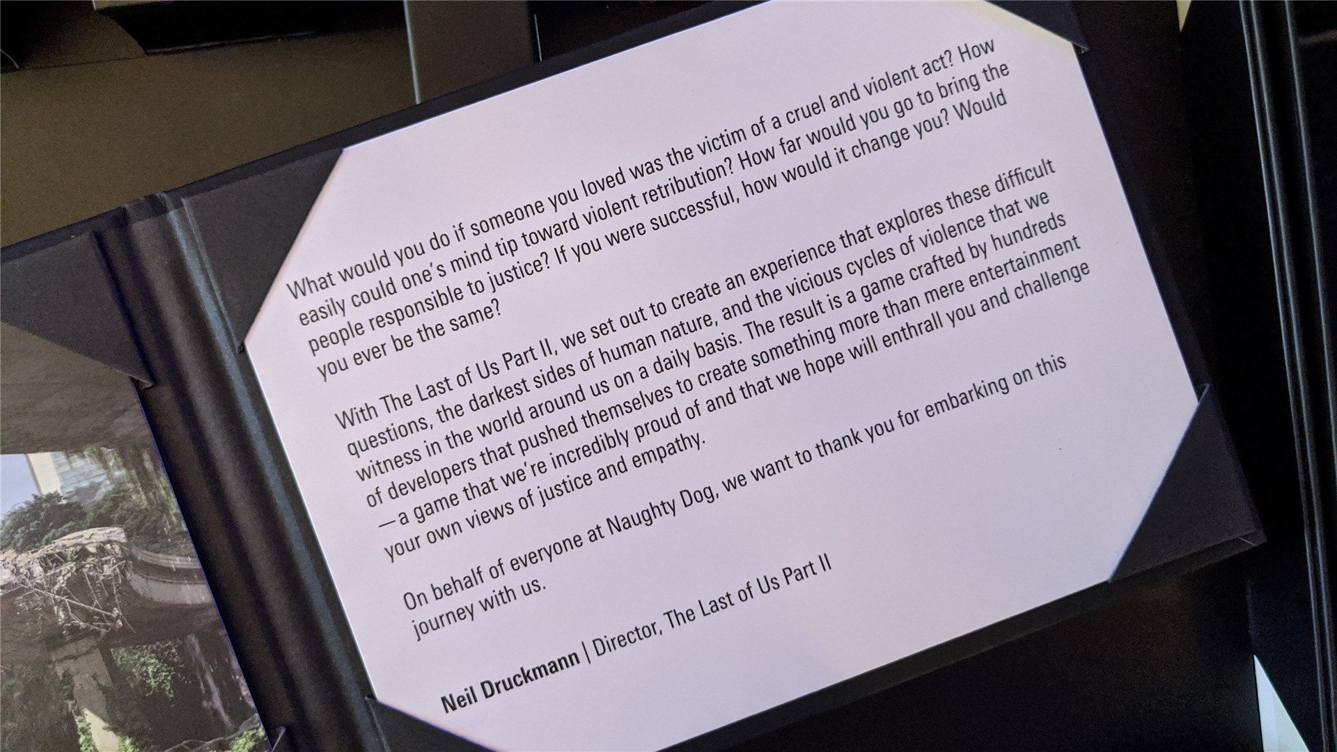 A close-up of the thank you letter, written by Naughty Dog director Neil Druckman
