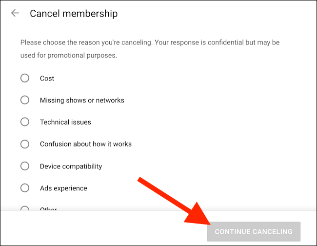 Choose an option for canceling and then click the "Continue Canceling" button