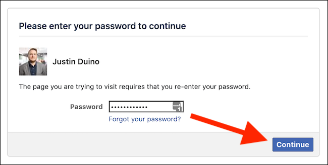 Enter your Facebook password and then click the "Continue" button