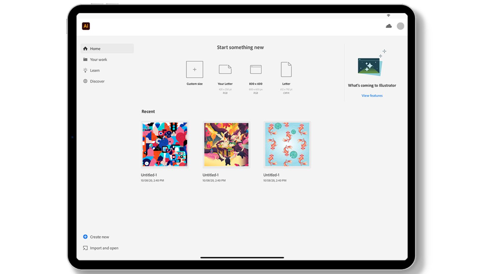 Adobe Illustrator main menu running on the iPad