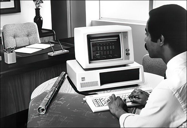 A 1981 marketing photo of the IBM PC 5150