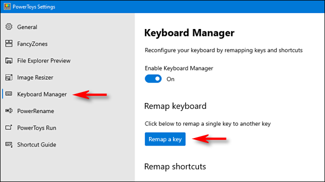 Select Keyboard Manager in Microsoft PowerToys