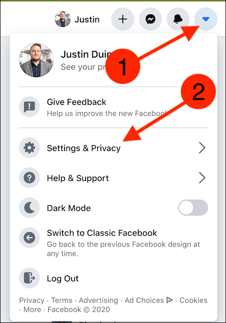 Open Facebook's website, click the drop-down menu icon, and then select "Settings & Privacy"