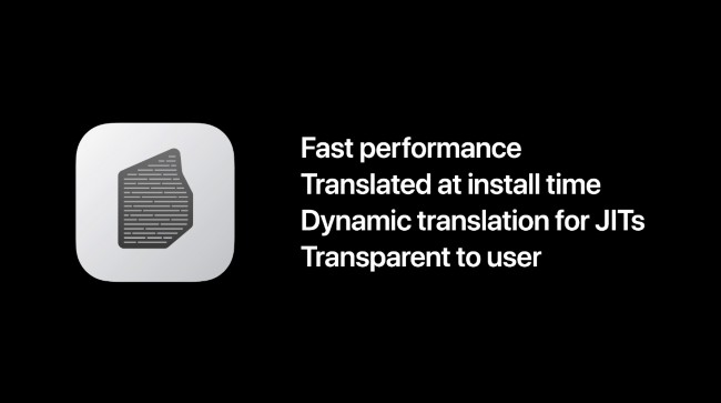 An Apple slide showing Rosetta 2's various features.