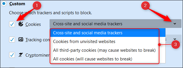 select which types of cookies to be blocked