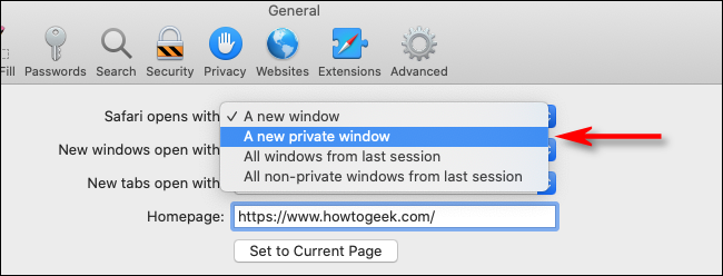 Select A new Private Window from drop-down menu in Safari for Mac