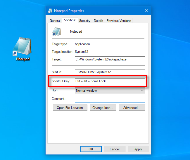 Type a shortcut key in Windows 10 shortcut properties