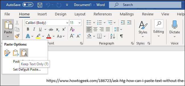 The &quot;Keep Text Only&quot; option for pasting text in Microsoft Word.