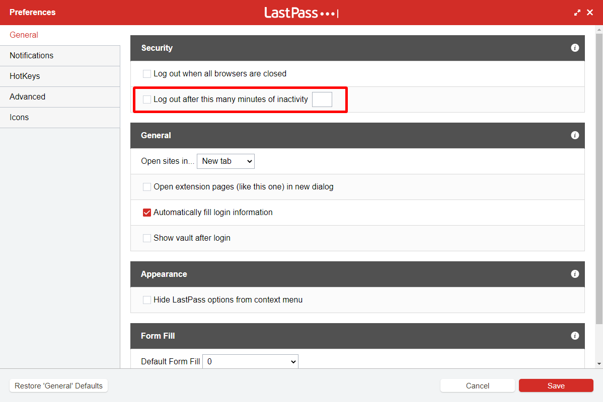 A screenshot of the LastPass browser extension options showing the &quot;log out after minutes of inactivity&quot; option highlighted