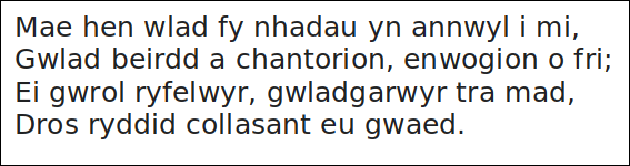 image containing text of the first verse of the Welsh national anthem