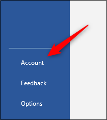 Account option in left-hand pane of Word