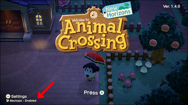 Animal Crossing New Horizons backup enabled