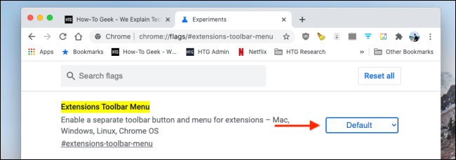 Click Drop Down next to Extensions Menu in Chrome Flags