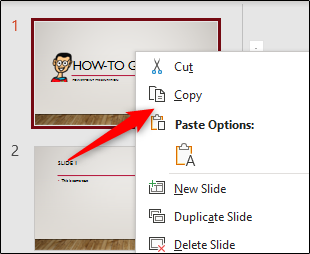 Copy option in menu on PowerPoint