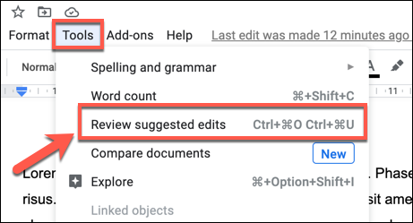 To begin accepting all edit suggestions, press Tools &gt; Review Suggested Edits.