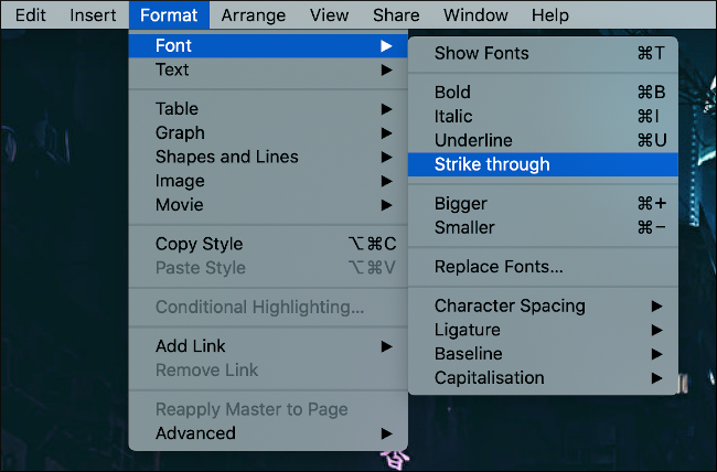 Create a Shortcut for the Pages Function "Strike through"