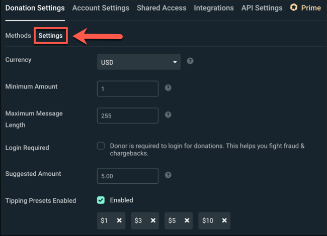To change your Streamlabs donation method settings further, click the Donation Methods > Settings tabs.