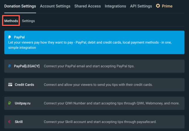 To access your Streamlabs donation methods, click the Donation Settings > Methods tabs and select one of the available options.