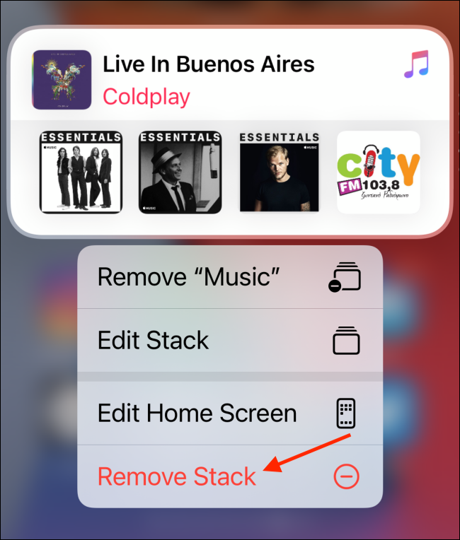 Tap Remove Stack from options