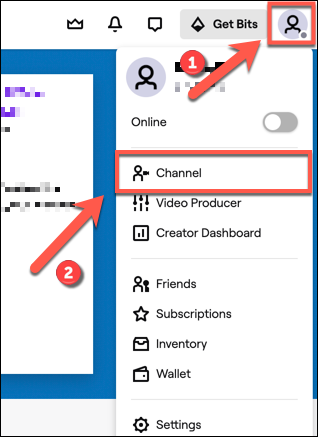 To access your Twitch channel, tap the channel icon in the top-right. From the drop down, click the "Channel" option.
