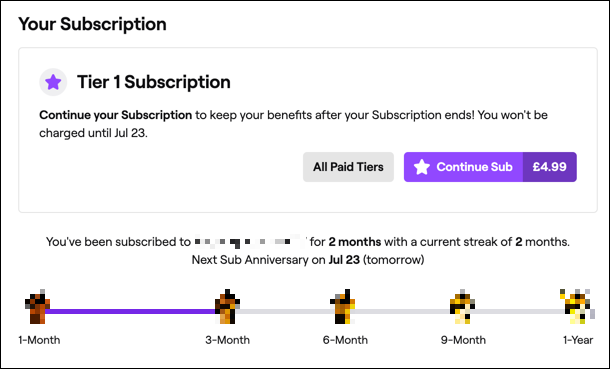 An active subscription to a Twitch channel, shown on the Twitch website.