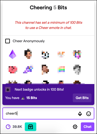 The Twitch cheer command in a Twitch chat room.
