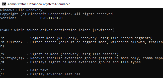 Command-line help for the winfr command.