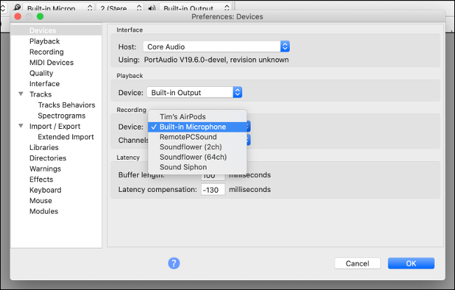 Audacity's Separate Recording Device Preferences