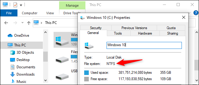 Checking the file system of a drive in Windows 10.