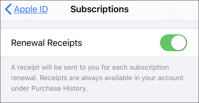 Apple Subscriptions Renewal Receipts Settings on iPhone.