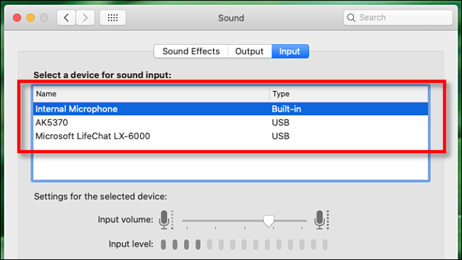 Select a microphone or audio input device in Sound preferences on Mac